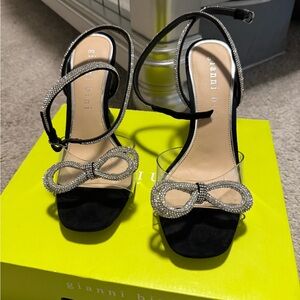 Gianni Bini Black Rhinestone Bow Ankle-Strap Heels